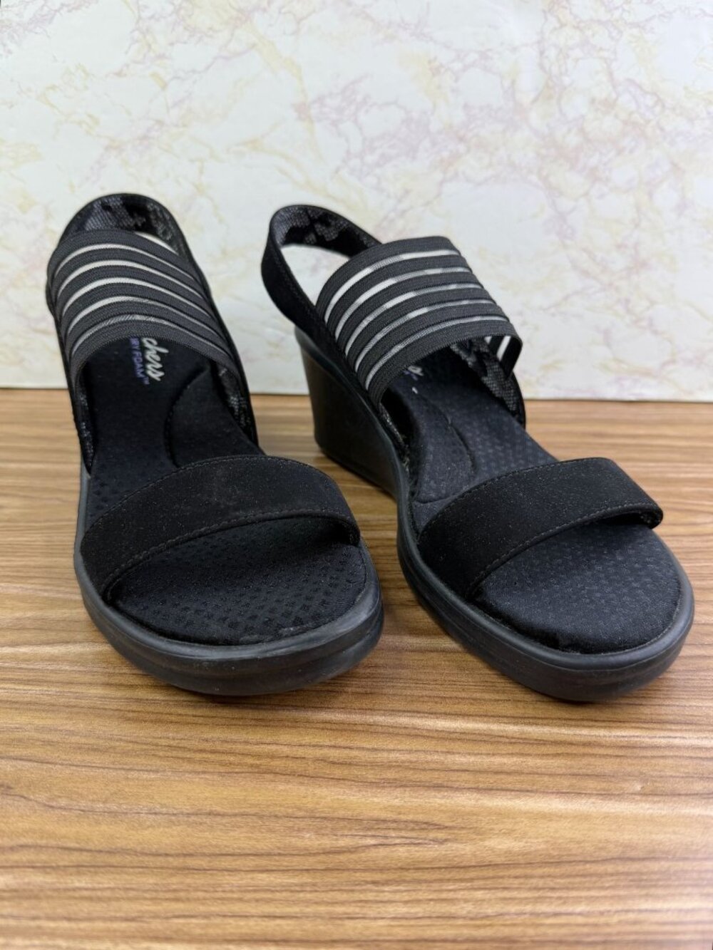 Skechers Cali Rumblers SciFi Black Elastic Strap Wedge Sandals Women's Size 7
